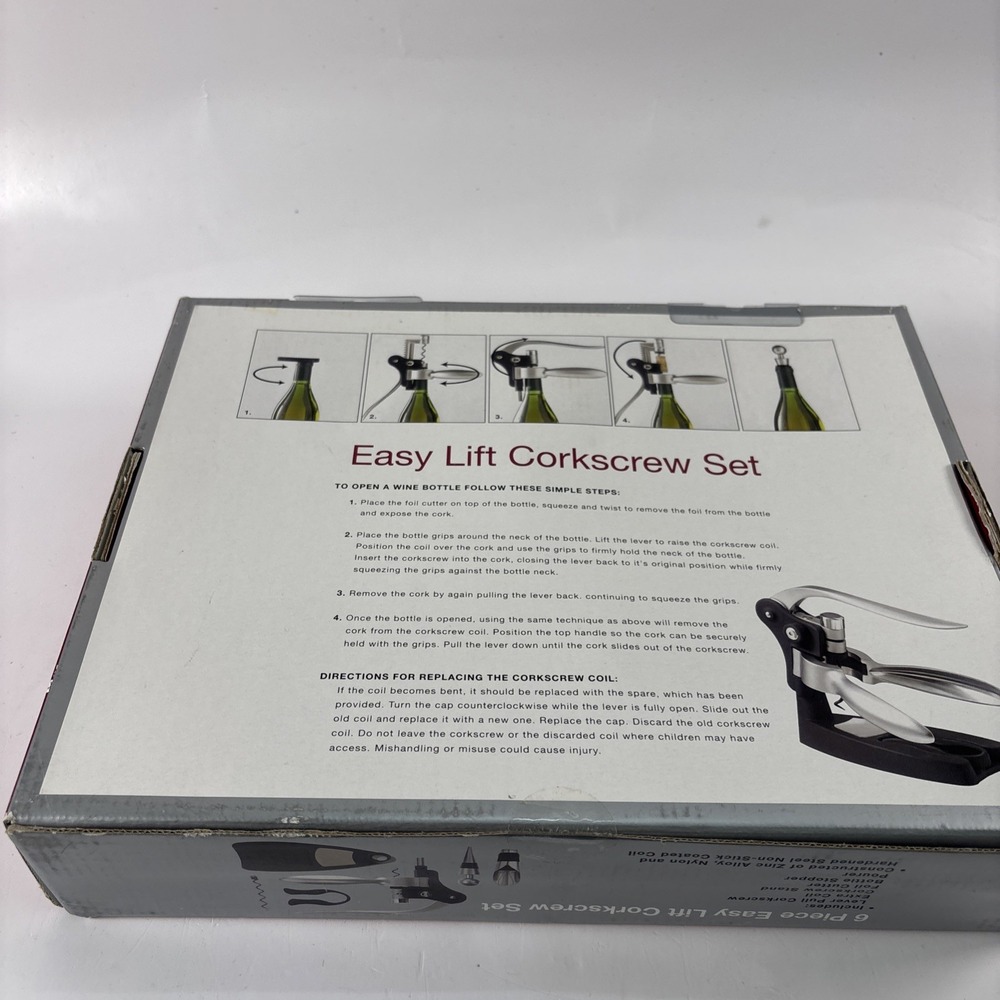 NIB! 6 Piece Easy Lift Corkscrew Set Pulls Corks in Seconds All Metal Gears - Picture 5 of 6